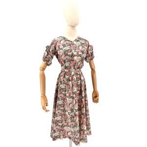 Vintage 80s Pink Floral Handmade Short Sleeve Fit & Flare Dress